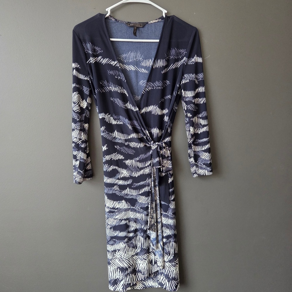 BCBGMAXAZRIA Adele Wrap Dress Navy White Abstract Print Long‎ Sleeve XS YWY61A34